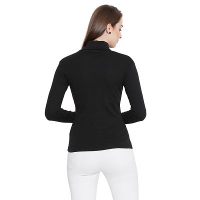 Women's Black Cotton High Neck T-Shirt