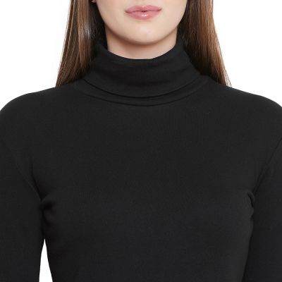 Women's Black Cotton High Neck T-Shirt