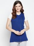 Royal Blue Sleeveless Cotton Zipper Shrug For Women's