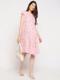 Women's Pink Floral Printed 100% Rayon Maternity A-Line Midi Dress