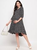 Women's Black 3/4th Sleeves Floral Print 100% Rayon Maternity Midi Dress