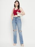 Maroon Sleeveless Cotton Lycra Square Neck Crop Top for Women