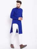 Men Royal Blue Self Design Cotton Blend U-Turn Asymmetric Kurta