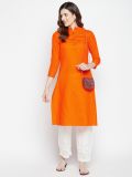 Mandarin Collar Orange 3/4th Sleeves Pure Cotton A-line Kurta For Women's