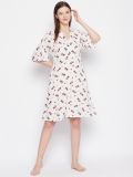 White and Red Floral Print Rayon Women's Nightdress