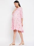 Pink and Red Floral Printed Rayon Women's Maternity Dress