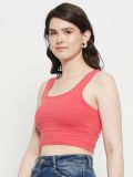 Rose Pink Sleeveless Cotton Lycra Square Neck Crop Top for Women
