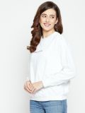 Women Oversized Sweatshirt White Full Sleeve Fleece Solid EMD On Chest 