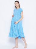 Blue and White Floral Print Rayon Women's Maternity Dress