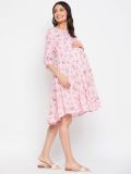 Pink and Red Floral Printed Rayon Women's Maternity Dress