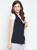 Navy Sleeveless Cotton Tie-up Front Pocket Shrug For Women's