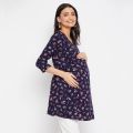Navy Blue and White Floral Printed Rayon Women's Maternity Top