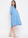 Blue and White Floral Printed Rayon Women's Maternity Dress