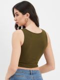Women Military Green Cotton Lycra Round Neck Sleeveless Crop Top