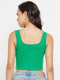 Women Green Cotton Lycra Scoop Neck Sleeveless Crop Top