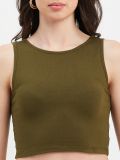 Women Military Green Cotton Lycra Round Neck Sleeveless Crop Top