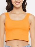 Women Orange Cotton Lycra Scoop Neck Sleeveless Crop Top