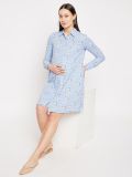 Blue Floral Printed Long Sleeves Button Down Maternity Shirt