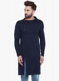 Men Navy Blue Knitted Design Knee Length Straight Kurta