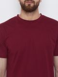Men's Maroon Color Cotton Short Sleeves Round Neck T-shirt with checked Hemline