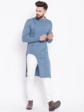 Men Blue Self Design Cotton Blend U-Turn Asymmetric Kurta