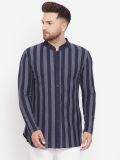 Men's Blue and Grey Cotton Blend Stripe Shirt