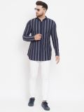 Men's Blue and Grey Cotton Blend Stripe Shirt