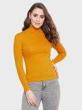 Women's Mustard Cotton Lycra High Neck T-Shirt