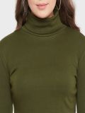 Women's Military Green Cotton High Neck T-Shirt