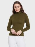Women's Military Green Cotton Lycra High Neck T-Shirt