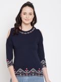 Women's Blue Embroidery Cotton Top
