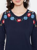 Women's Blue Cotton Embroidery T-shirt