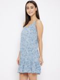 Blue Floral Printed Rayon Women's Baby Doll NightDress