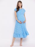 Women's Blue Floral Printed Rayon Maternity Dress(HYPW03460)