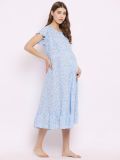 Women's Light Blue Floral Printed Rayon Maternity Dress