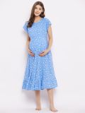 Women's Blue Floral Printed Rayon Maternity Dress(HYPW03463)