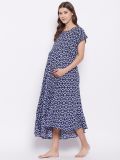 Women's Blue Geomatric Printed Rayon Crepe Maternity Dress