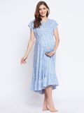 Women's Blue and White Floral Printed Rayon Maternity Dress(3523)