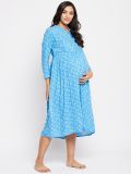 Women's Blue Printed Rayon Maternity Dress(3590)