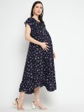 Navy Blue Floral Printed Women's Maternity Dress
