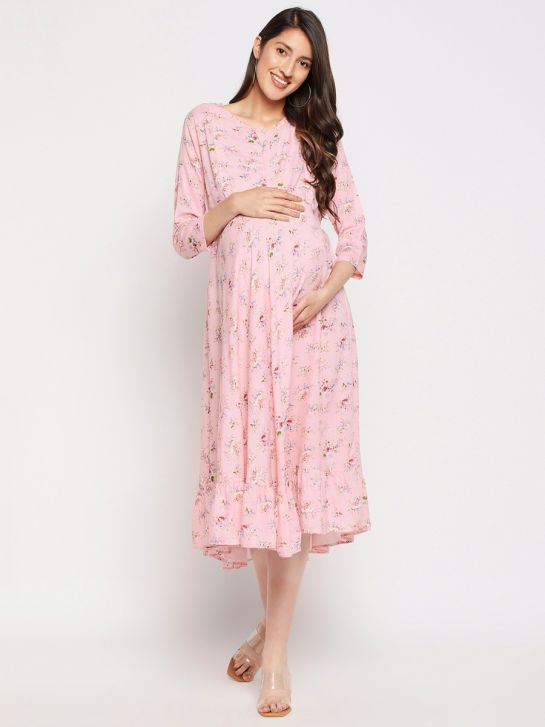Women's Pink Floral Printed 100% Rayon Maternity A-Line Midi Dress