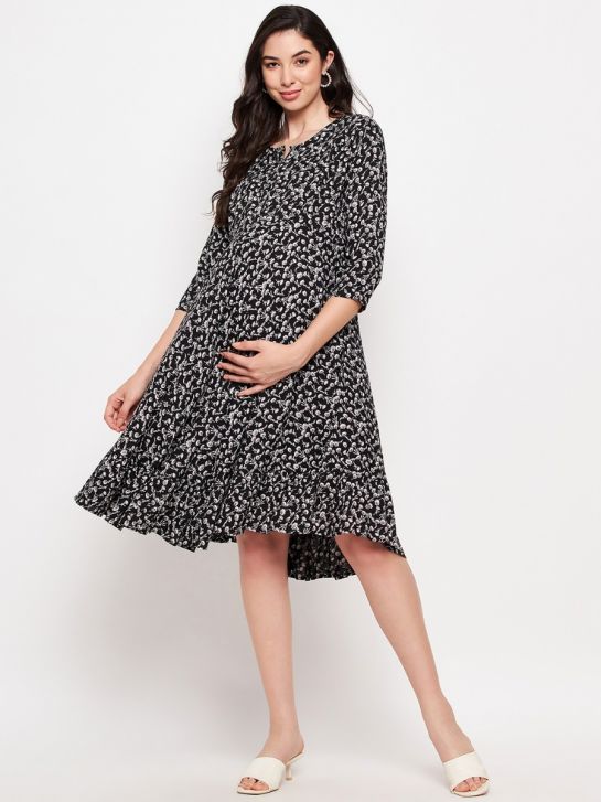 Women's Black 3/4th Sleeves Floral Print 100% Rayon Maternity Midi Dress