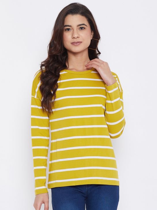 Women's Yellow and Ecru Stripe Cotton T-Shirt
