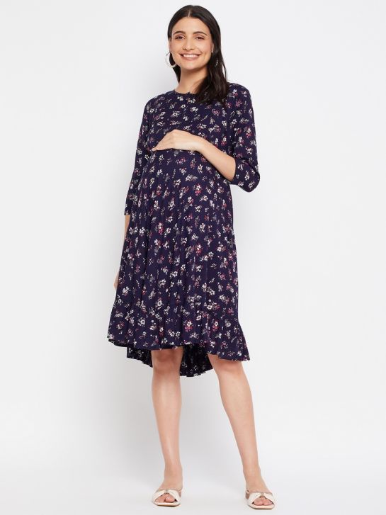 Navy Blue and Pink, White Floral Printed Rayon Women's Maternity Dress