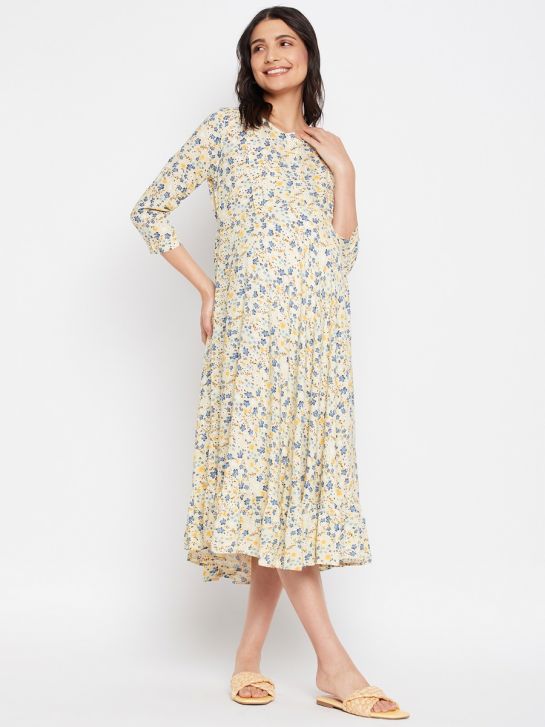 Yellow and Blue Floral Printed Rayon Women's Maternity Maxi Dress