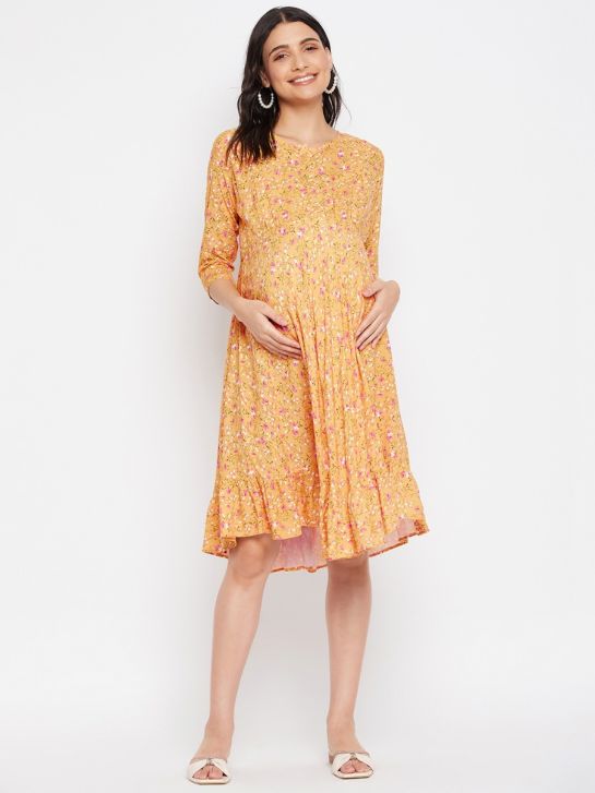 Yellow and Pink Floral Printed Rayon Women's Maternity Dress
