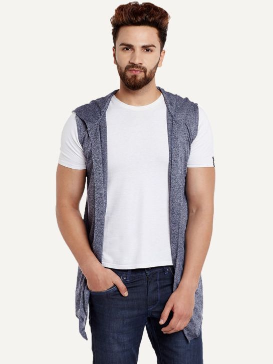 Navy Grindle Sleeveless Hooded Neck Cotton Cardigan For Men's
