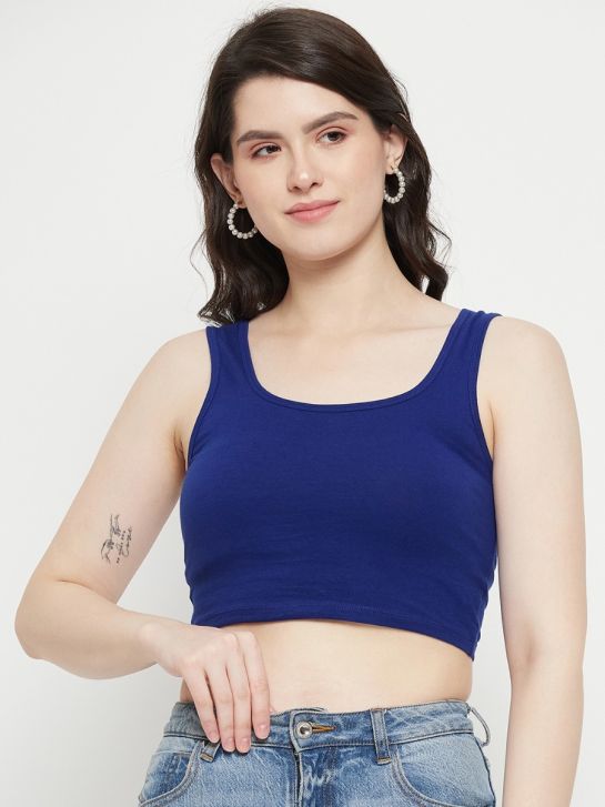 Blue Sleeveless Cotton Lycra Square Neck Crop Top for Women