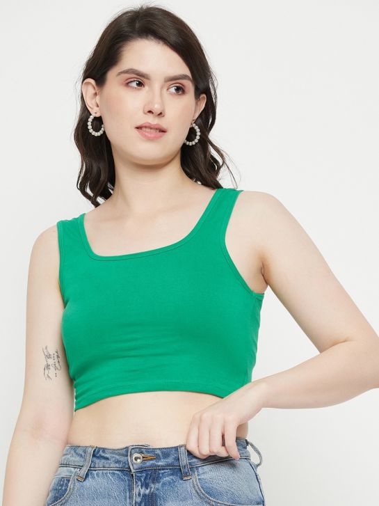 Teal Green Sleeveless Cotton Lycra Square Neck Crop Top for Women