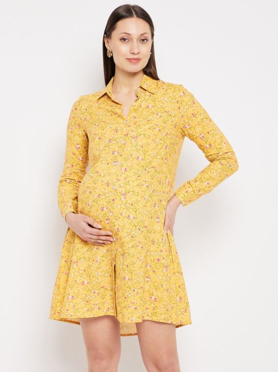 Mustard Floral Printed Maternity Shirt
